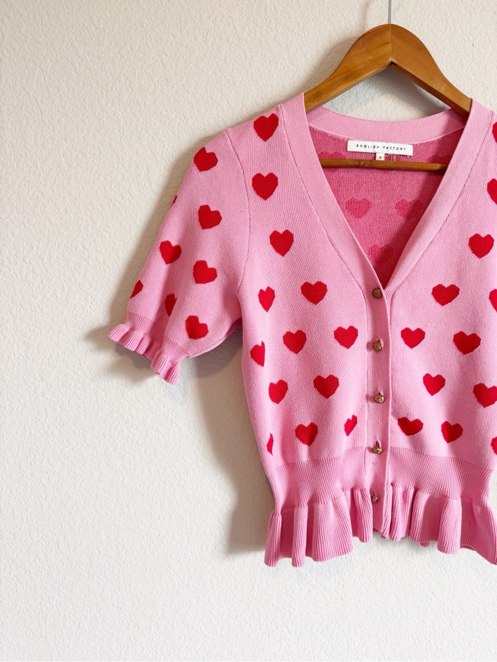 English Factory Heart Print Puff Sleeve Ruffle Cardigan Sweater Size Small - Picture 2 of 9
